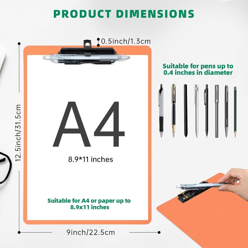 FRETONBA Orange Clipboard with Pen Holder, Set of 6 Plastic Clipboard with Low Profile Metal Clip, Hanging Clipboards Holds 8.5x11 Inch Papers, Standard A4 Letter Size Clip Boards for Office & School - Image 2